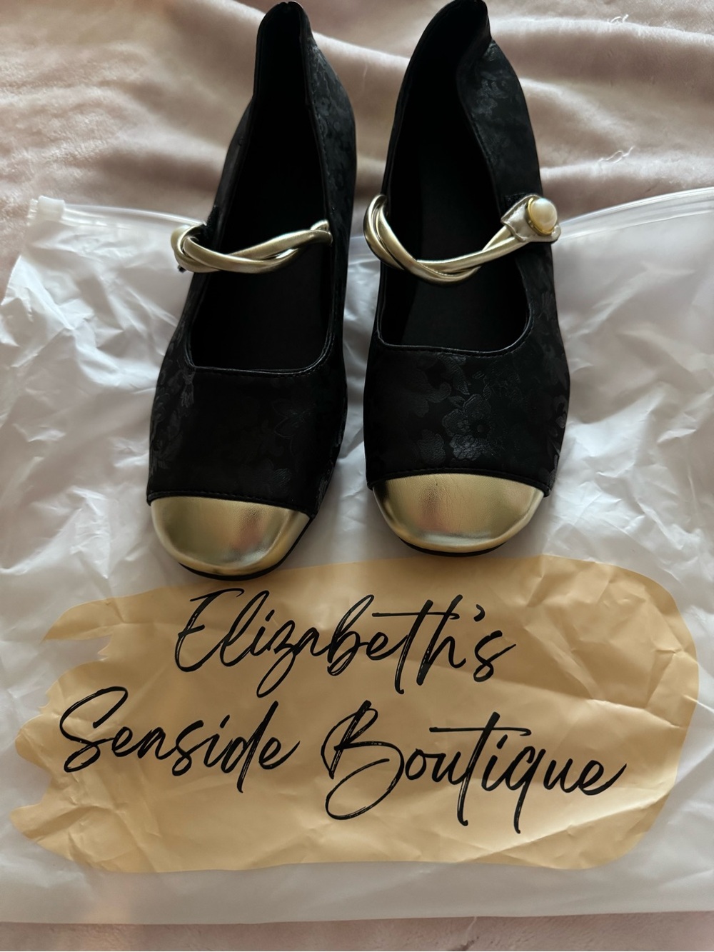 Black Flats with Gold Toe Cap and Strap Accent NWOT